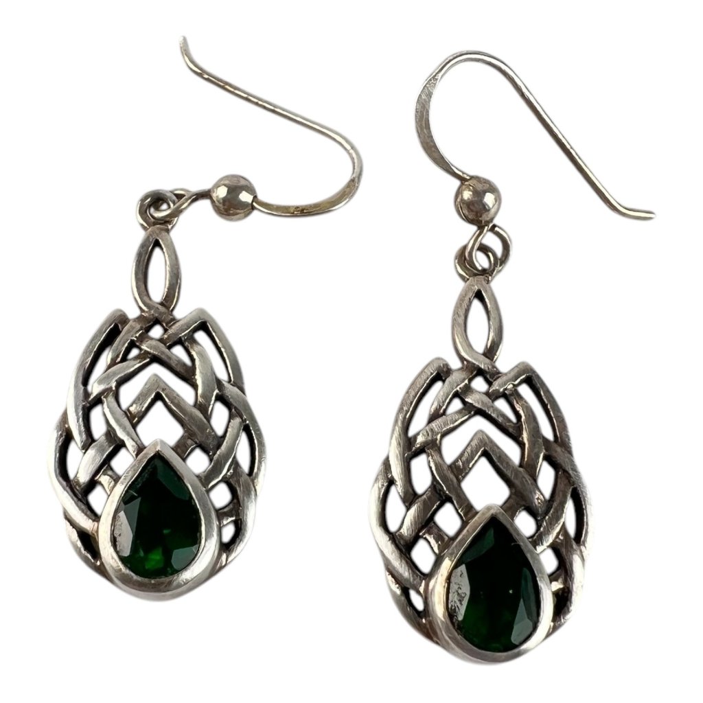 Celtic Knot 925 Sterling Silver Teardrop Green Glass Dangle Earrings